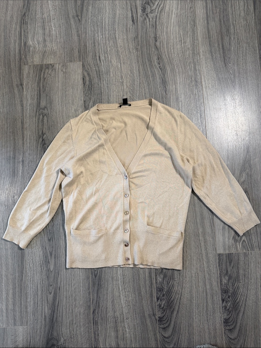Anne Taylor Beige V-Neck Button Cardigan Sweater - 3/4 Sleeve